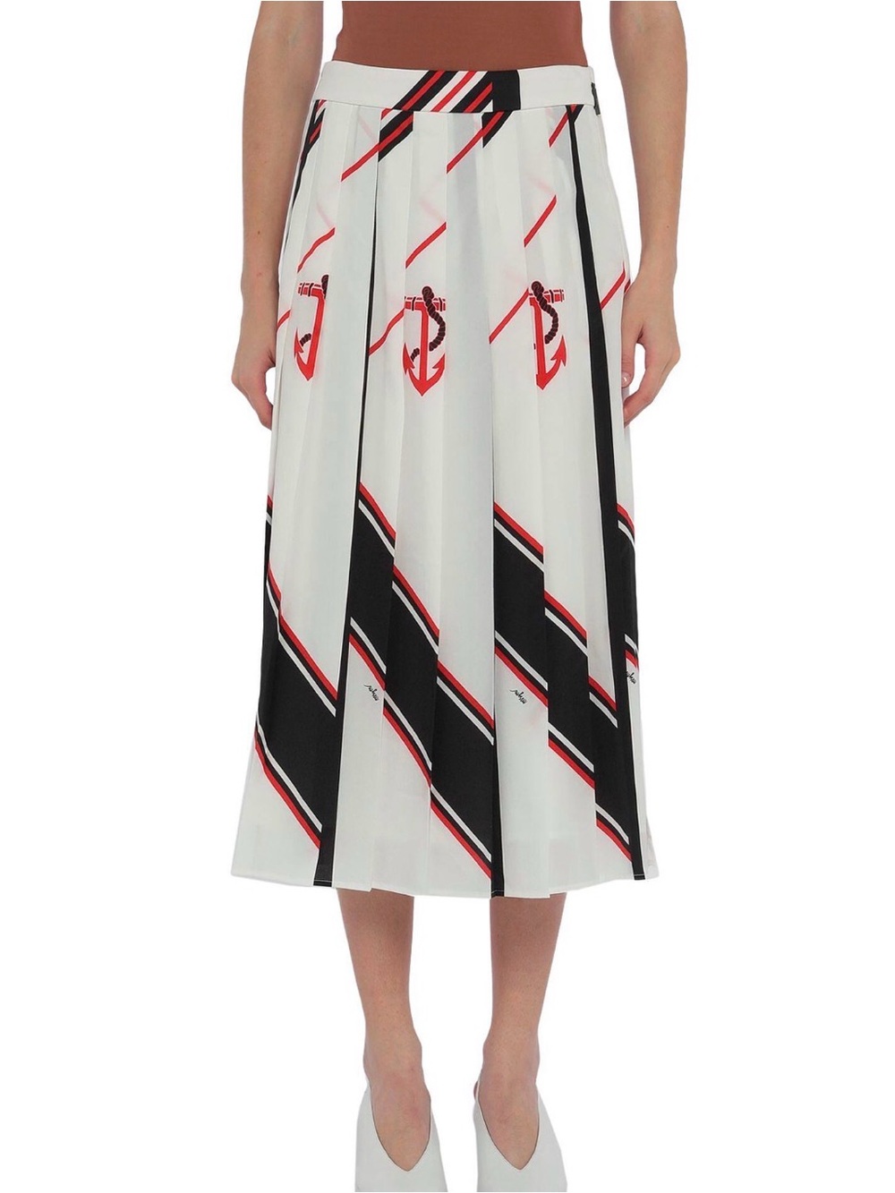 MSGM Nautical Anchor Stripe Pleated Midi Skirt